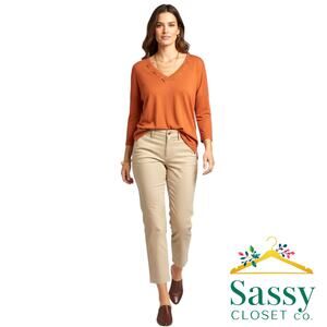CHICOS Terracotta Rust Orange Grommet Top 3 XL 16 Cotton Slub Lace Up V Neck